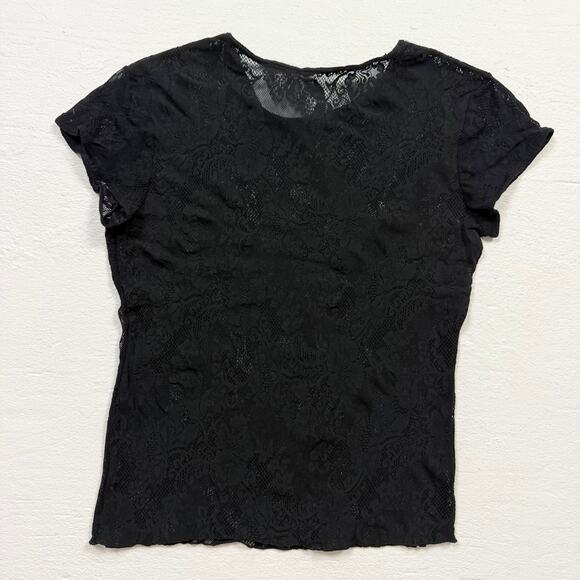 Y2K Black Stretch Lace Sheer Fitted Short Sleeve Top, Size Large - Picture 4 of 4